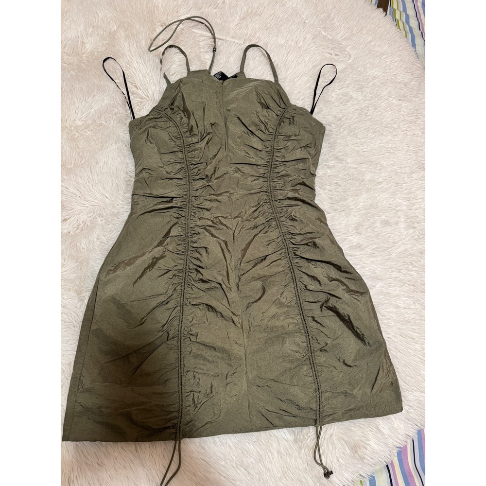 Forever 21 Olive Green Ruched Lace Up Back Crinkle Mini Dress XS